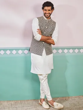 VASTRAMAY Men's Black Fine Satin Nehru Jacket, Kurta And Pyjama Set.