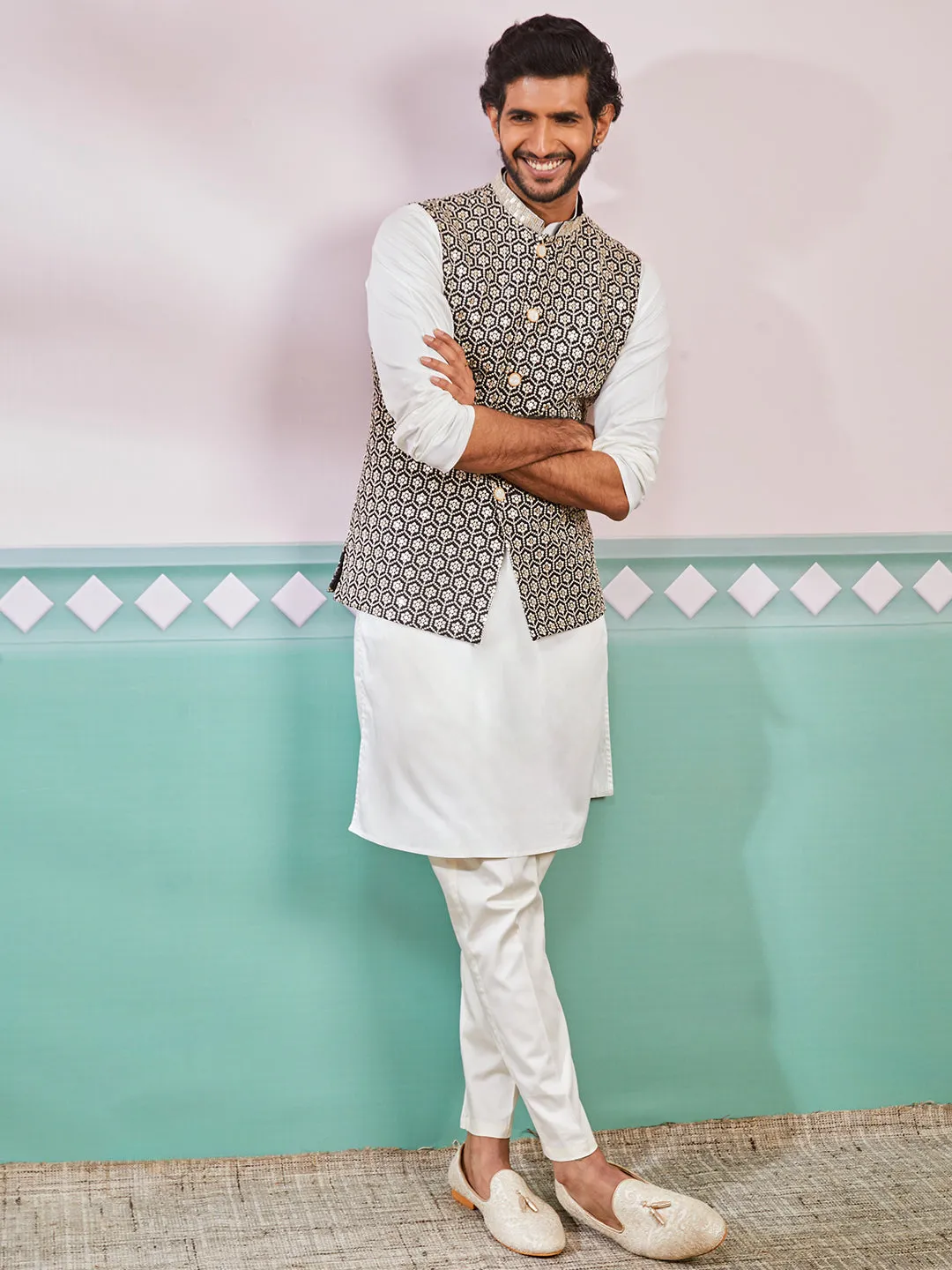 VASTRAMAY Men's Black Fine Satin Nehru Jacket, Kurta And Pyjama Set.
