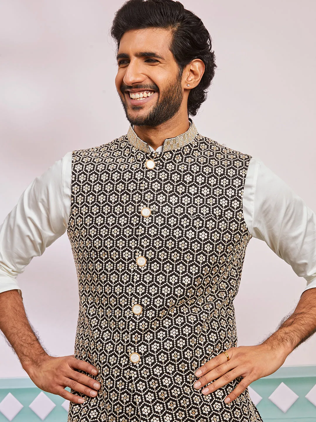 VASTRAMAY Men's Black Fine Satin Nehru Jacket, Kurta And Pyjama Set.