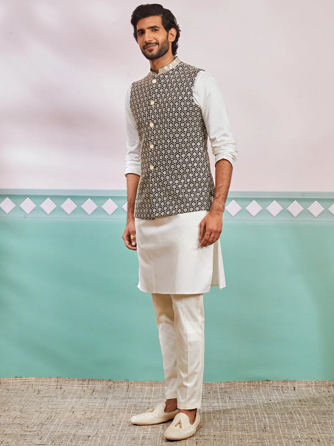 VASTRAMAY Men's Black Fine Satin Nehru Jacket, Kurta And Pyjama Set.