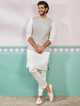 VASTRAMAY Men's Grey Fine Satin Nehru Jacket, Kurta And Pyjama Set.