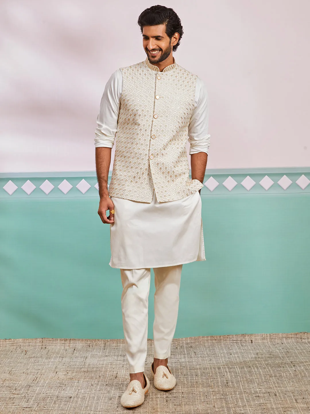 VASTRAMAY Men's Off White Fine Satin Nehru Jacket,Kurta And Pyjama Set