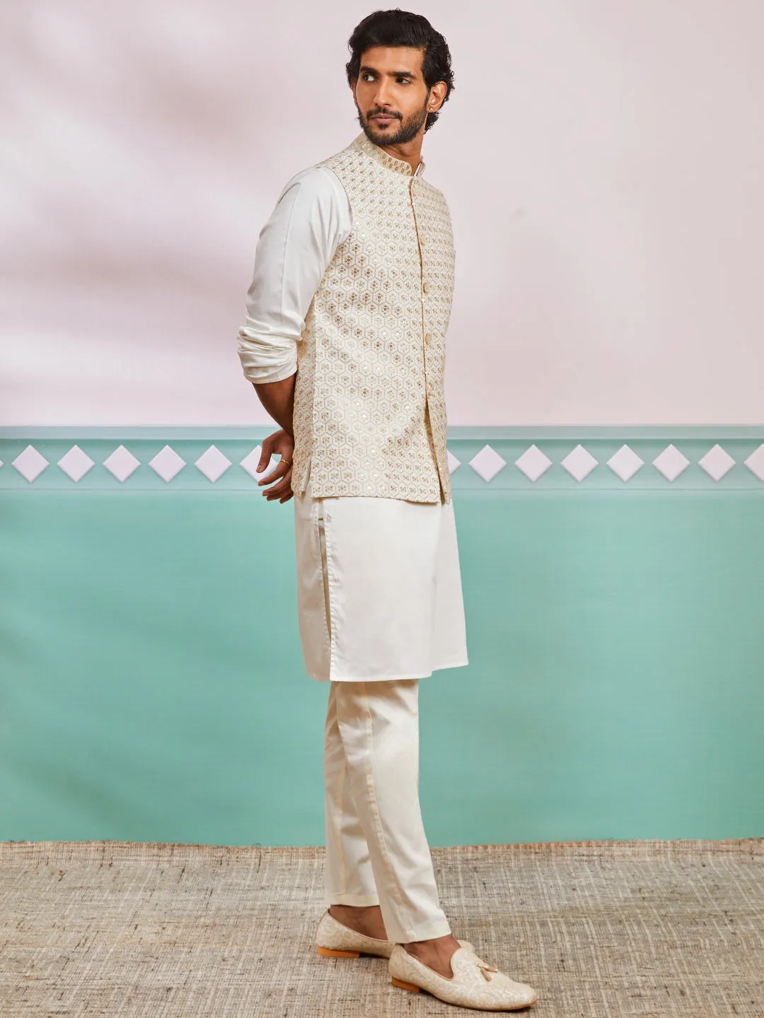VASTRAMAY Men's Off White Fine Satin Nehru Jacket,Kurta And Pyjama Set