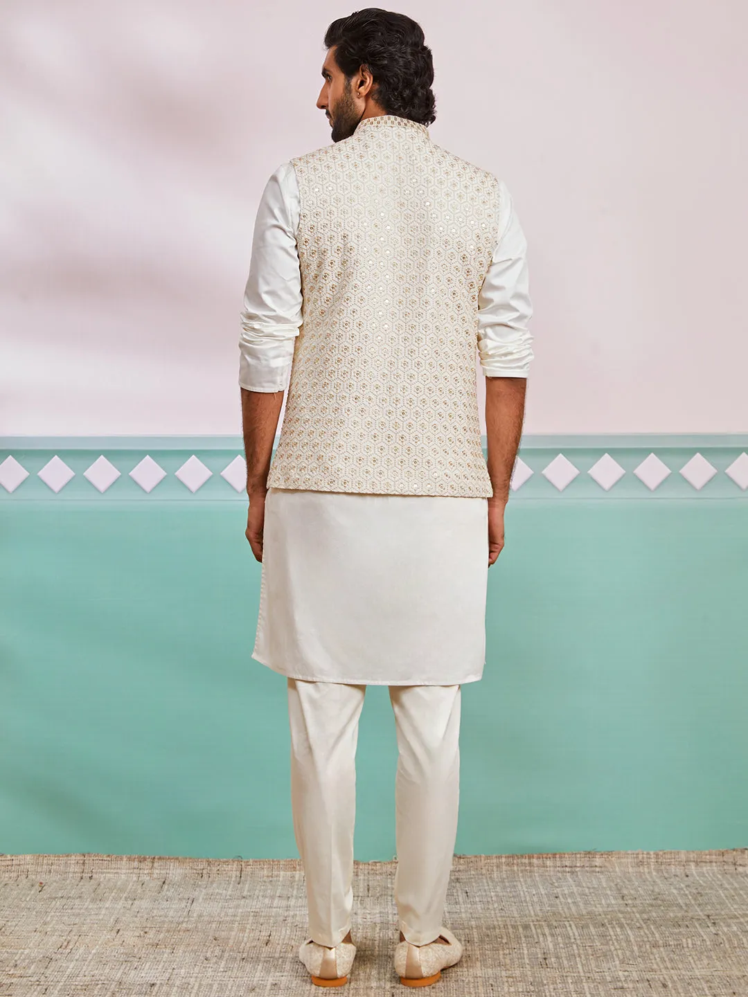 VASTRAMAY Men's Off White Fine Satin Nehru Jacket,Kurta And Pyjama Set