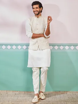 VASTRAMAY Men's Off White Fine Satin Nehru Jacket,Kurta And Pyjama Set