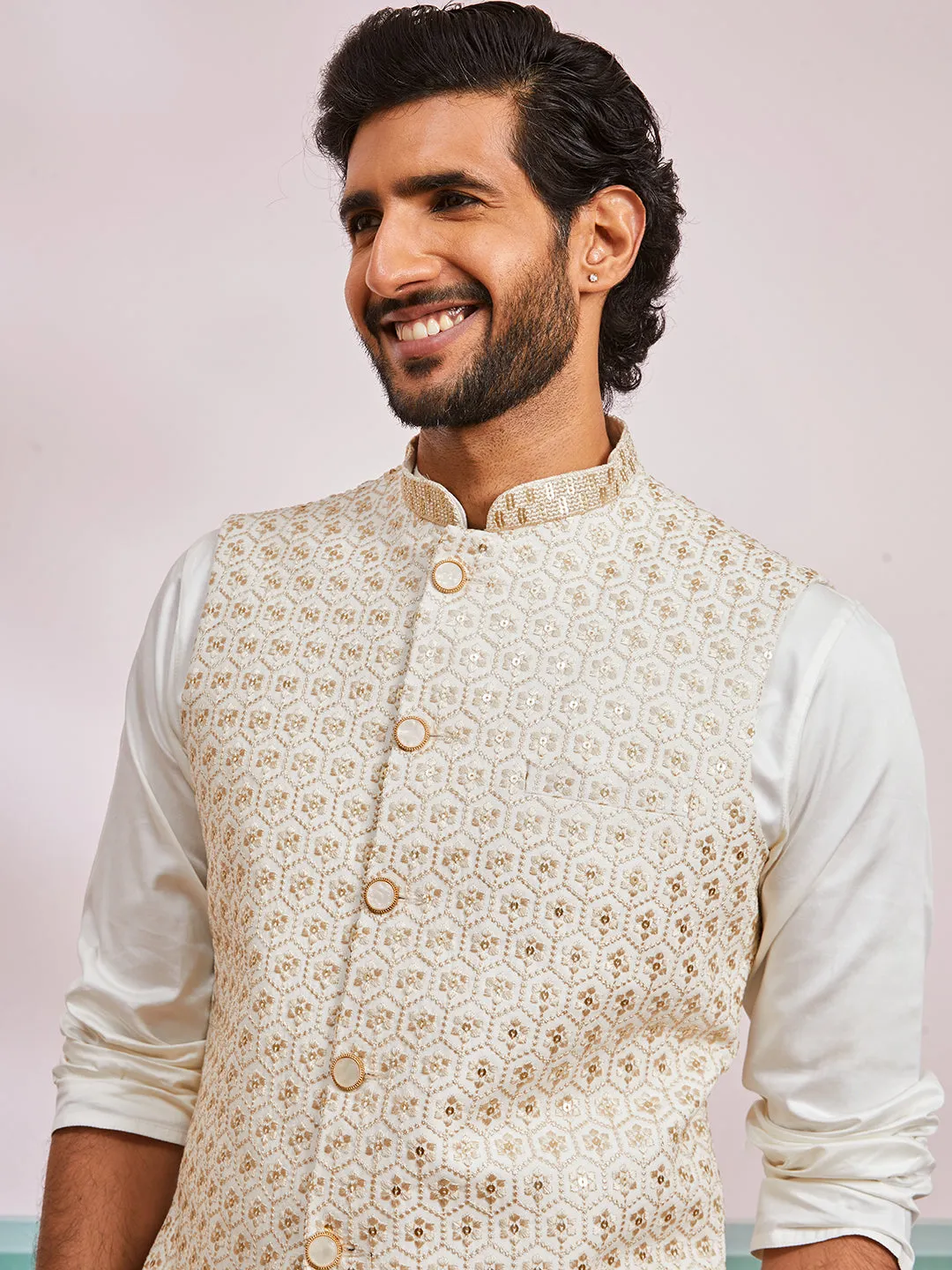 VASTRAMAY Men's Off White Fine Satin Nehru Jacket,Kurta And Pyjama Set