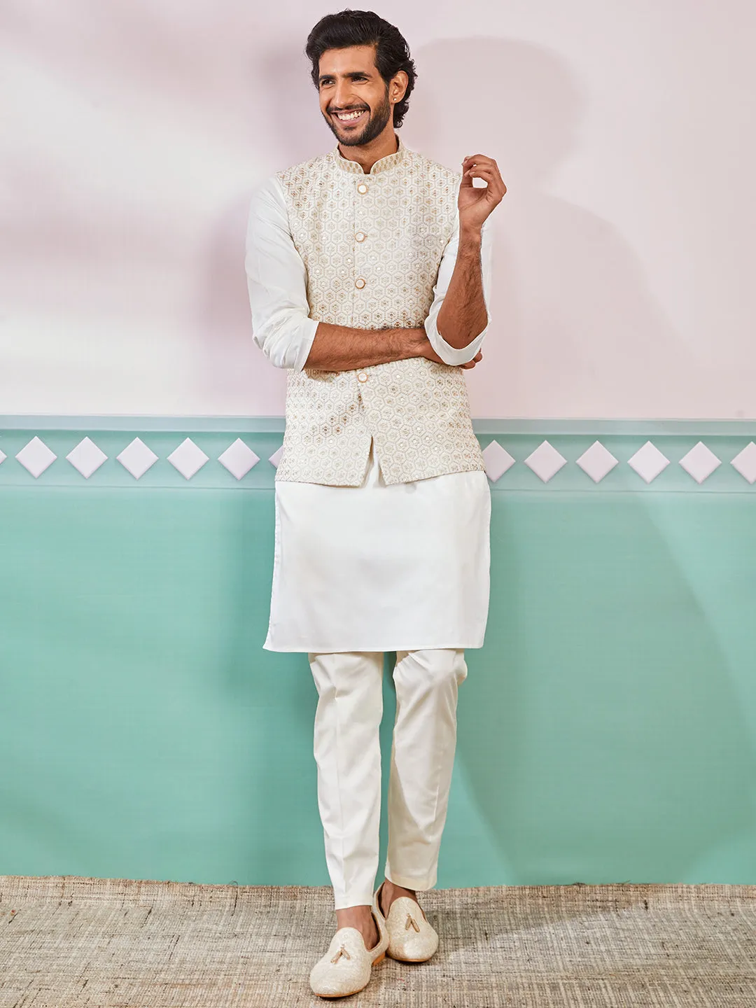 VASTRAMAY Men's Off White Fine Satin Nehru Jacket,Kurta And Pyjama Set