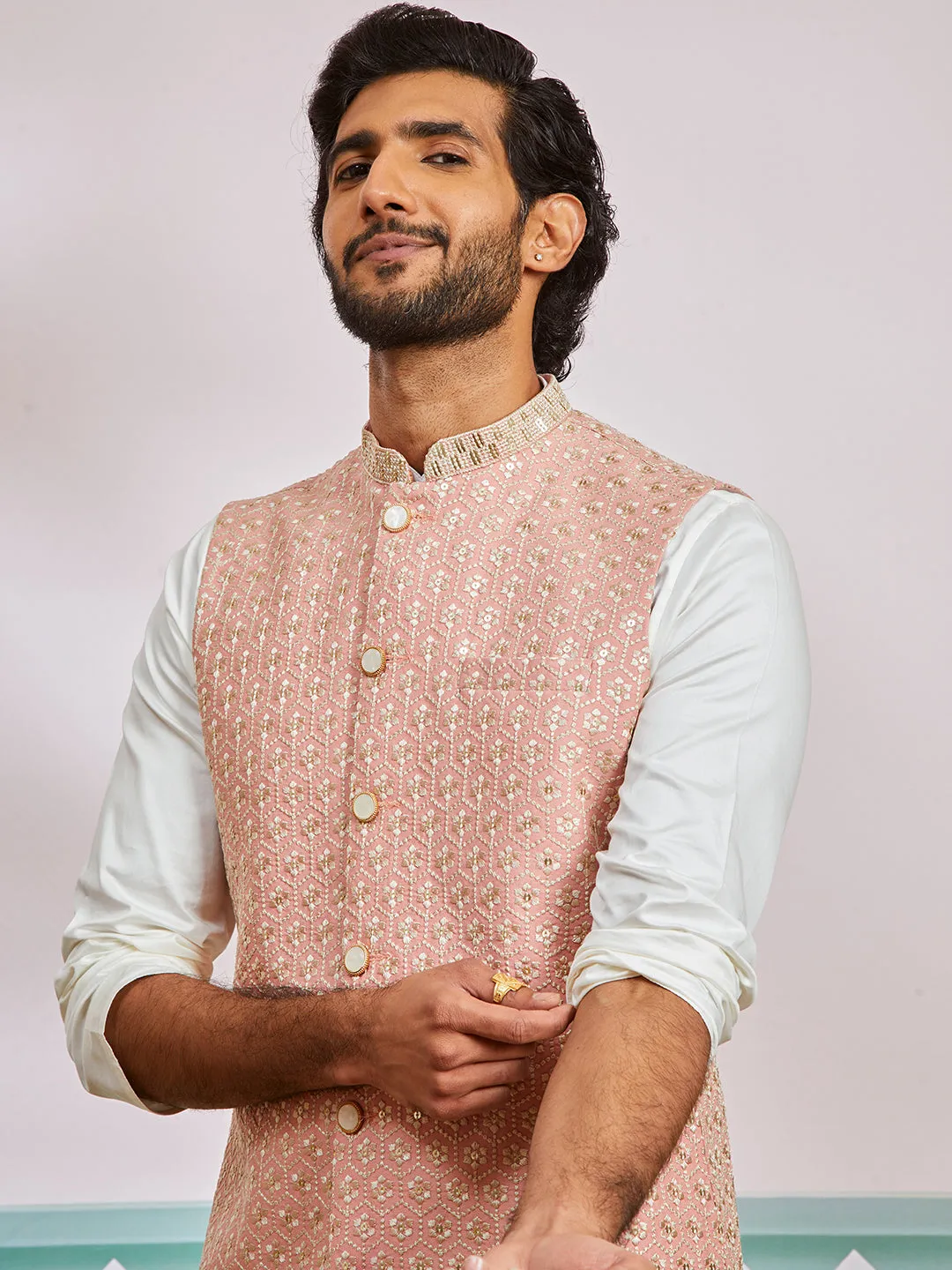 VASTRAMAY Men's Peach Fine Satin Nehru Jacket,Kurta And Pyjama Set.