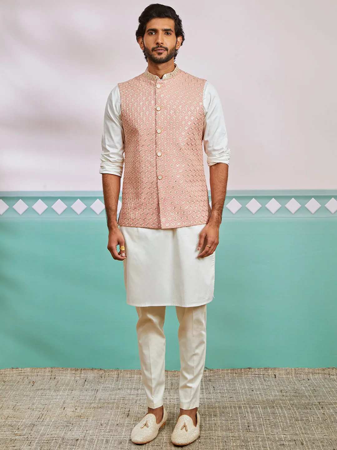 VASTRAMAY Men's Peach Fine Satin Nehru Jacket,Kurta And Pyjama Set.