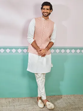 VASTRAMAY Men's Peach Fine Satin Nehru Jacket,Kurta And Pyjama Set.