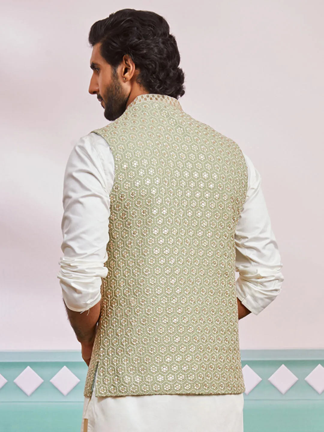 VASTRAMAY Men's Pista Green - Nehru Jacket