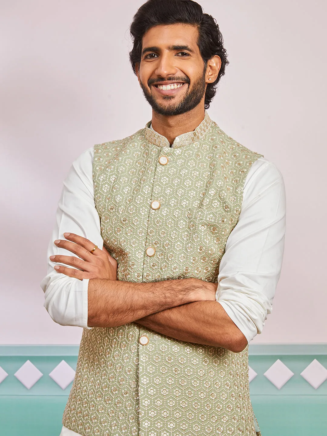 VASTRAMAY Men's Pista Green - Nehru Jacket