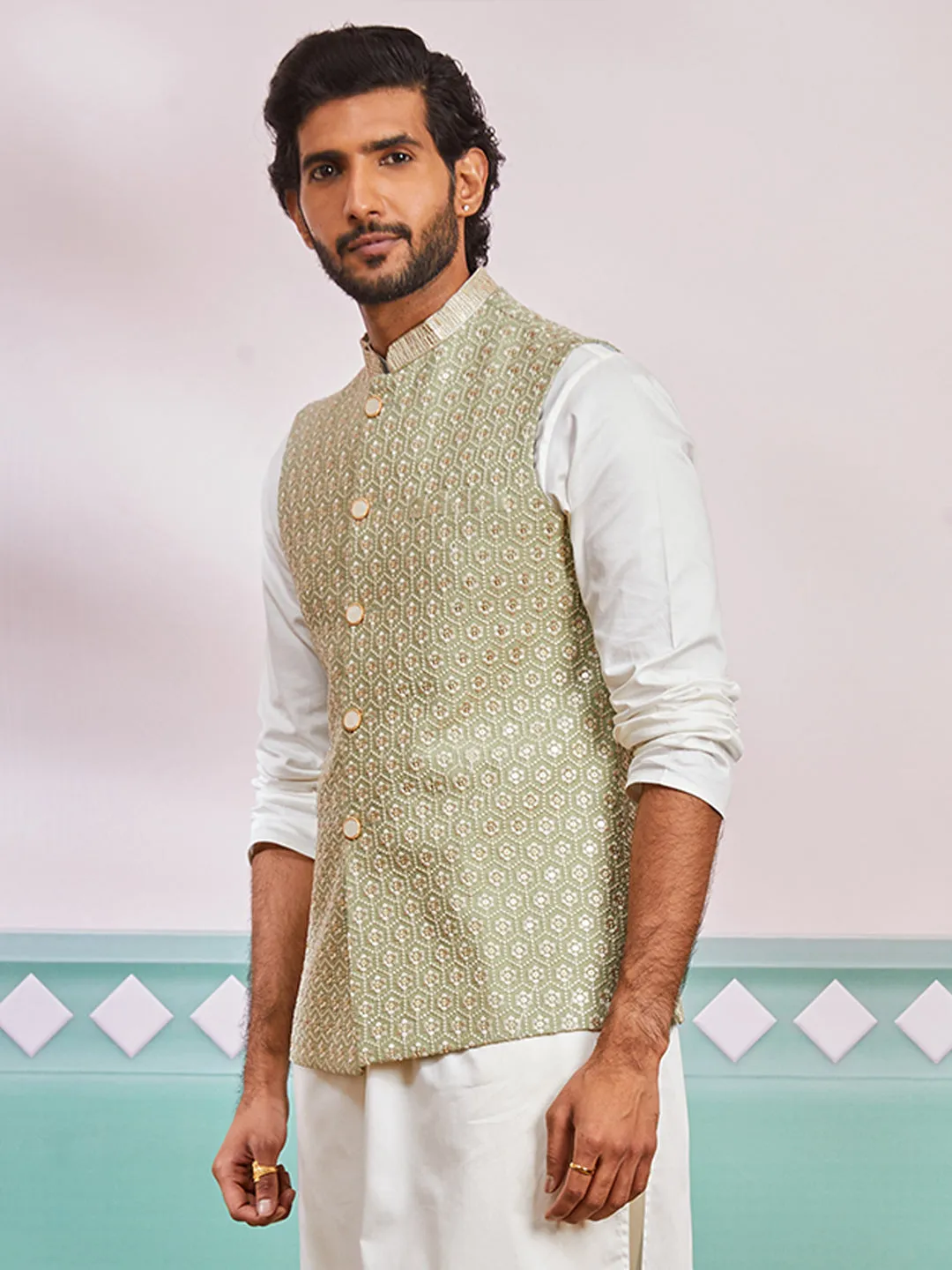 VASTRAMAY Men's Pista Green - Nehru Jacket
