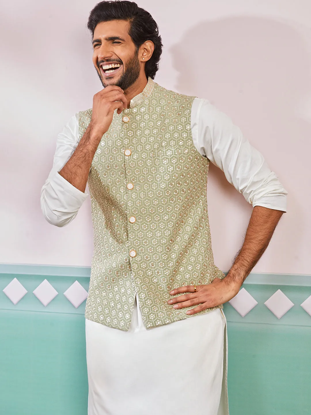 VASTRAMAY Men's Pista Green - Nehru Jacket