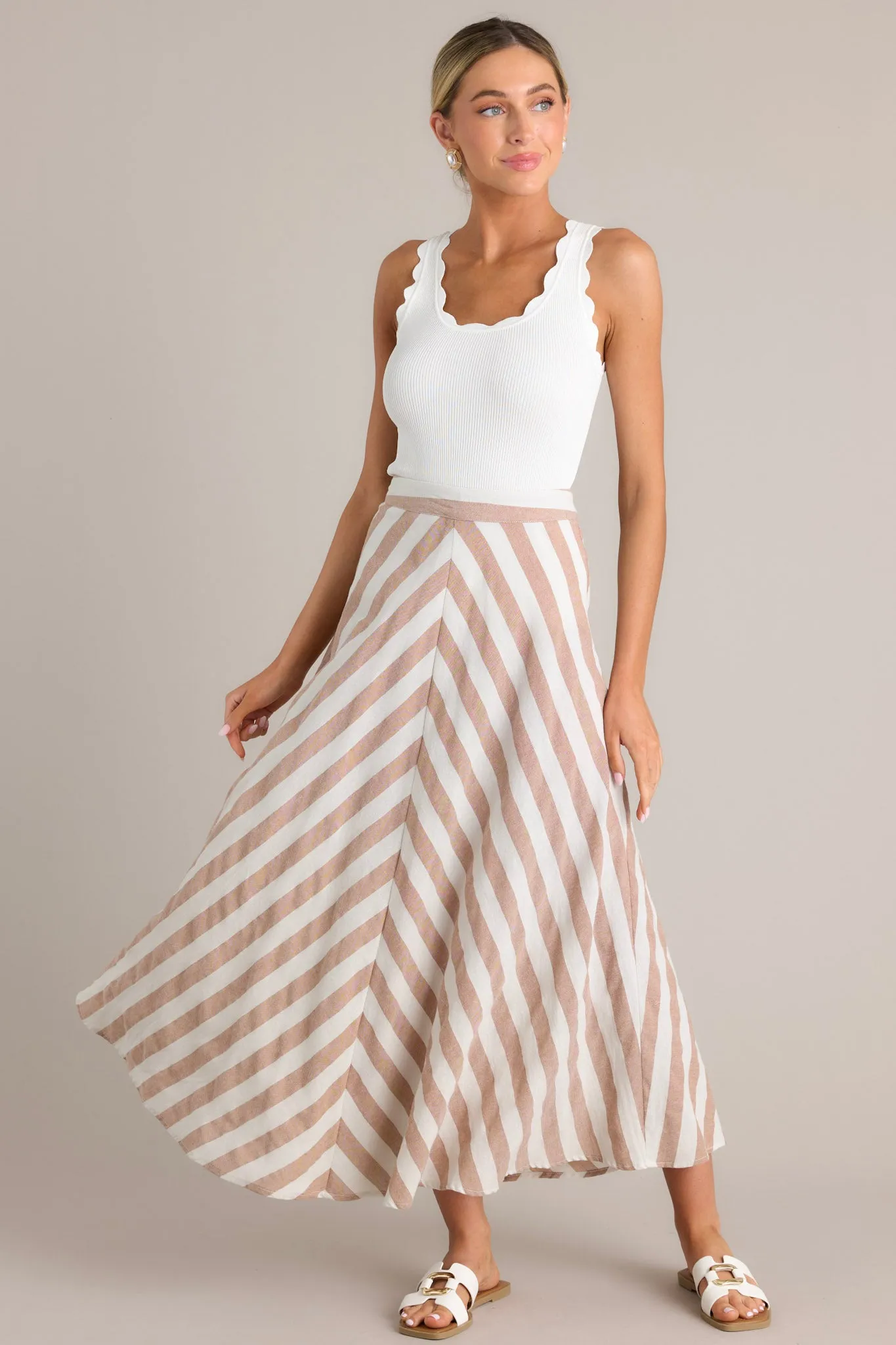 What To Say Light Brown & White Striped Maxi Skirt
