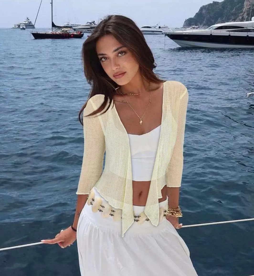 Women Crop Cardigan Sheer Mesh Bolero Shrug for Dress Tie Front 3/4 Sleeve Tops