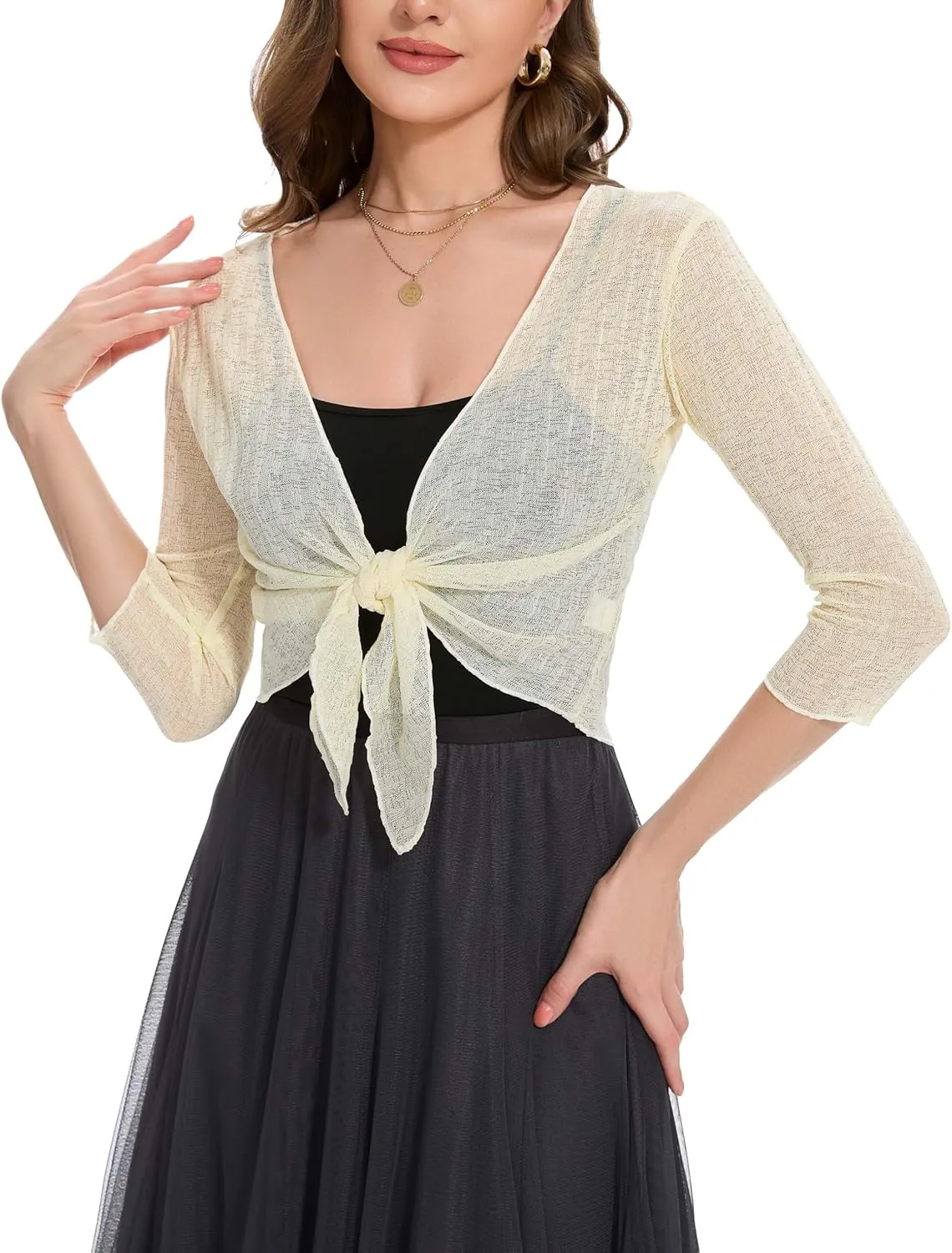 Women Crop Cardigan Sheer Mesh Bolero Shrug for Dress Tie Front 3/4 Sleeve Tops