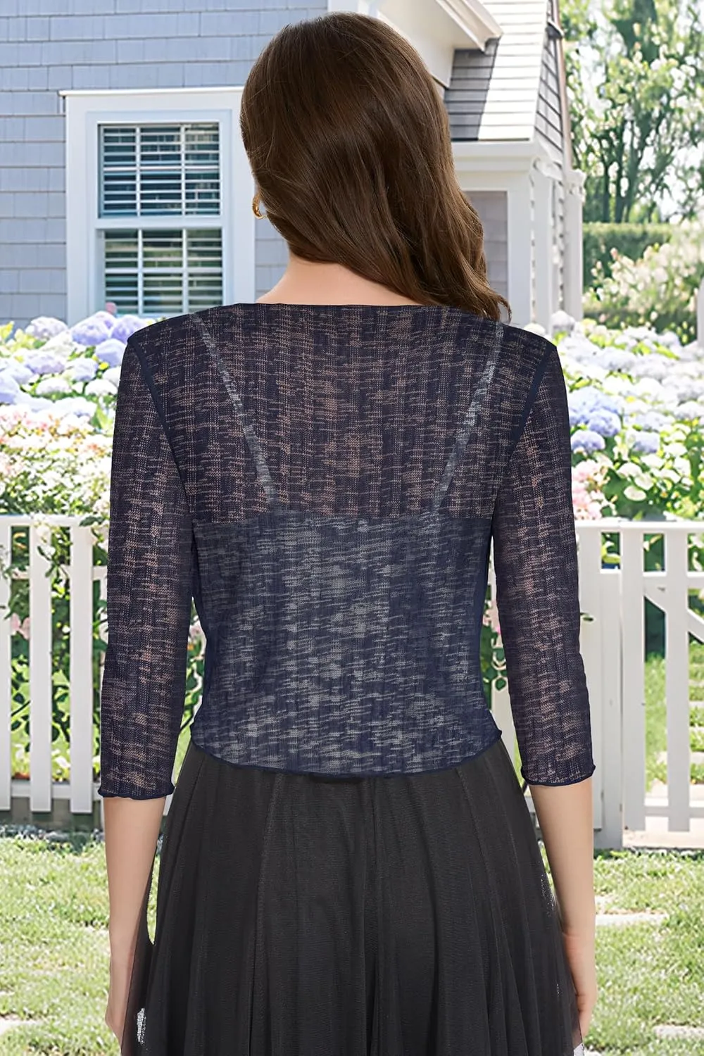 Women Crop Cardigan Sheer Mesh Bolero Shrug for Dress Tie Front 3/4 Sleeve Tops