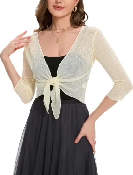 Women Crop Cardigan Sheer Mesh Bolero Shrug for Dress Tie Front 3/4 Sleeve Tops