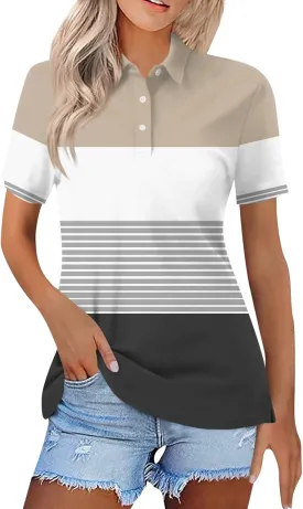 Women Polo Shirts for Work,Short Sleeve Summer Golf Tops Button Basic Striped Shirts Casual Collared Dressy Blouses