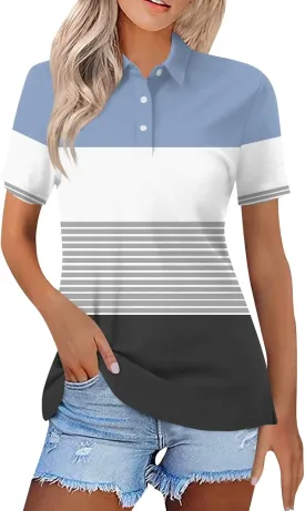Women Polo Shirts for Work,Short Sleeve Summer Golf Tops Button Basic Striped Shirts Casual Collared Dressy Blouses