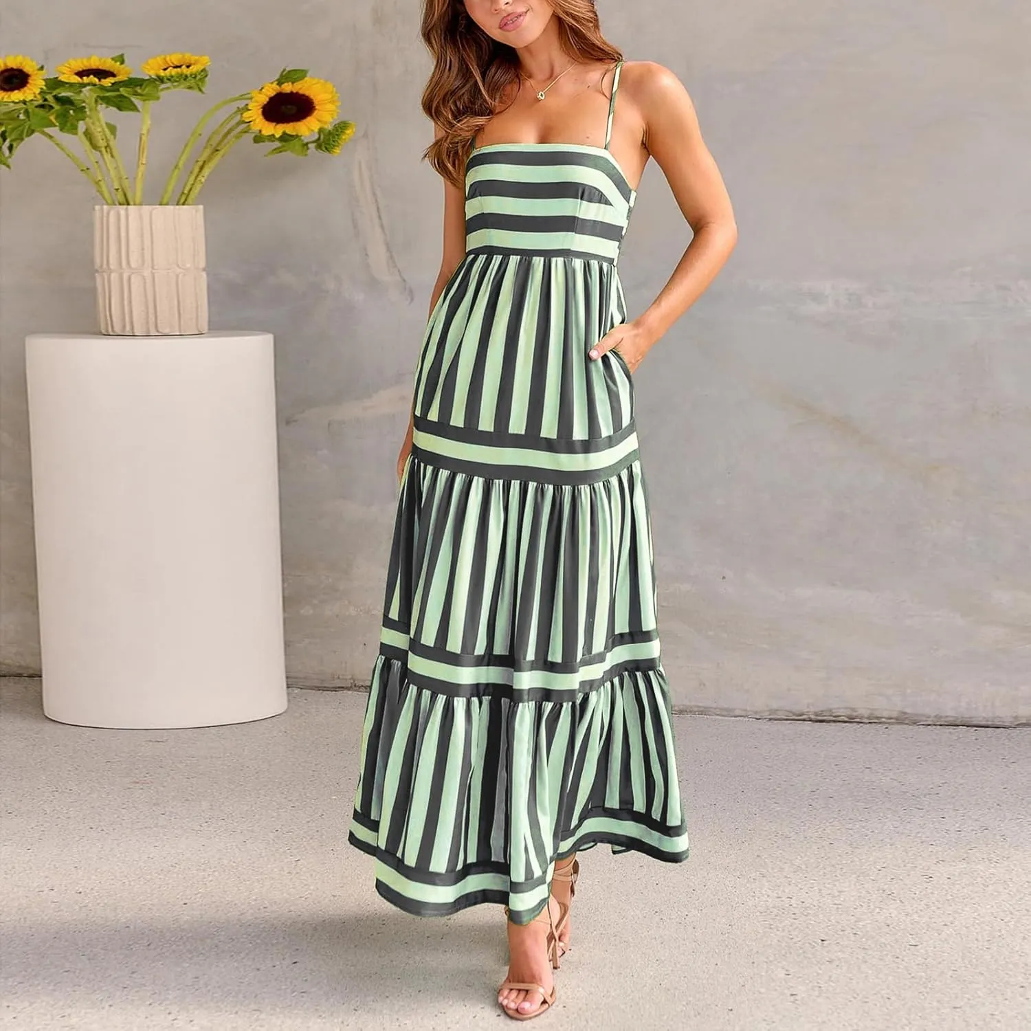Women Spaghetti Strap Tiered Flowy Midi Dress Striped Sleeveless Square Neck Beach Vacation Long Sundress