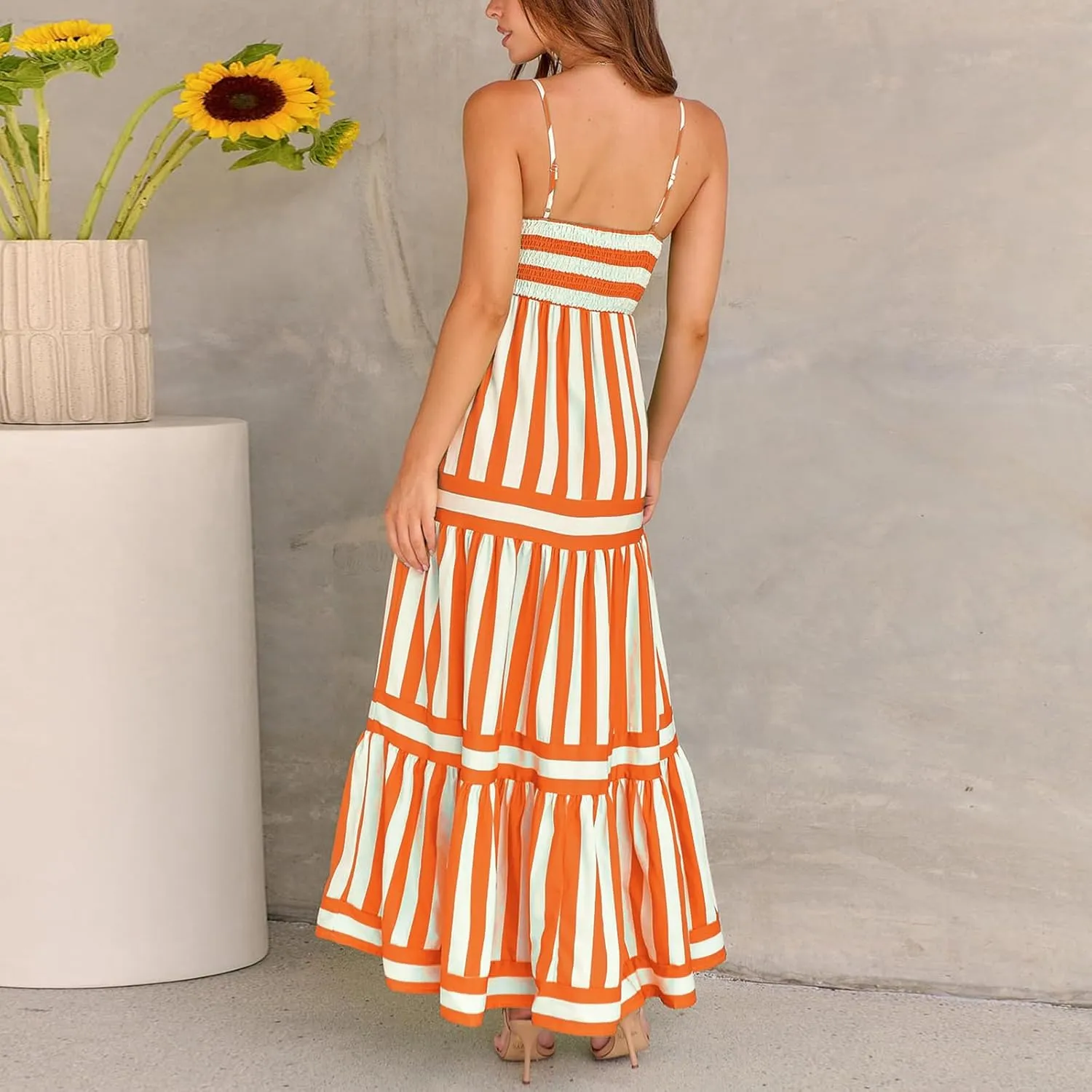 Women Spaghetti Strap Tiered Flowy Midi Dress Striped Sleeveless Square Neck Beach Vacation Long Sundress