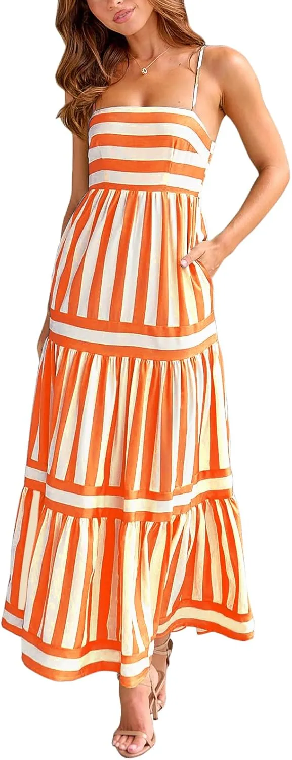Women Spaghetti Strap Tiered Flowy Midi Dress Striped Sleeveless Square Neck Beach Vacation Long Sundress