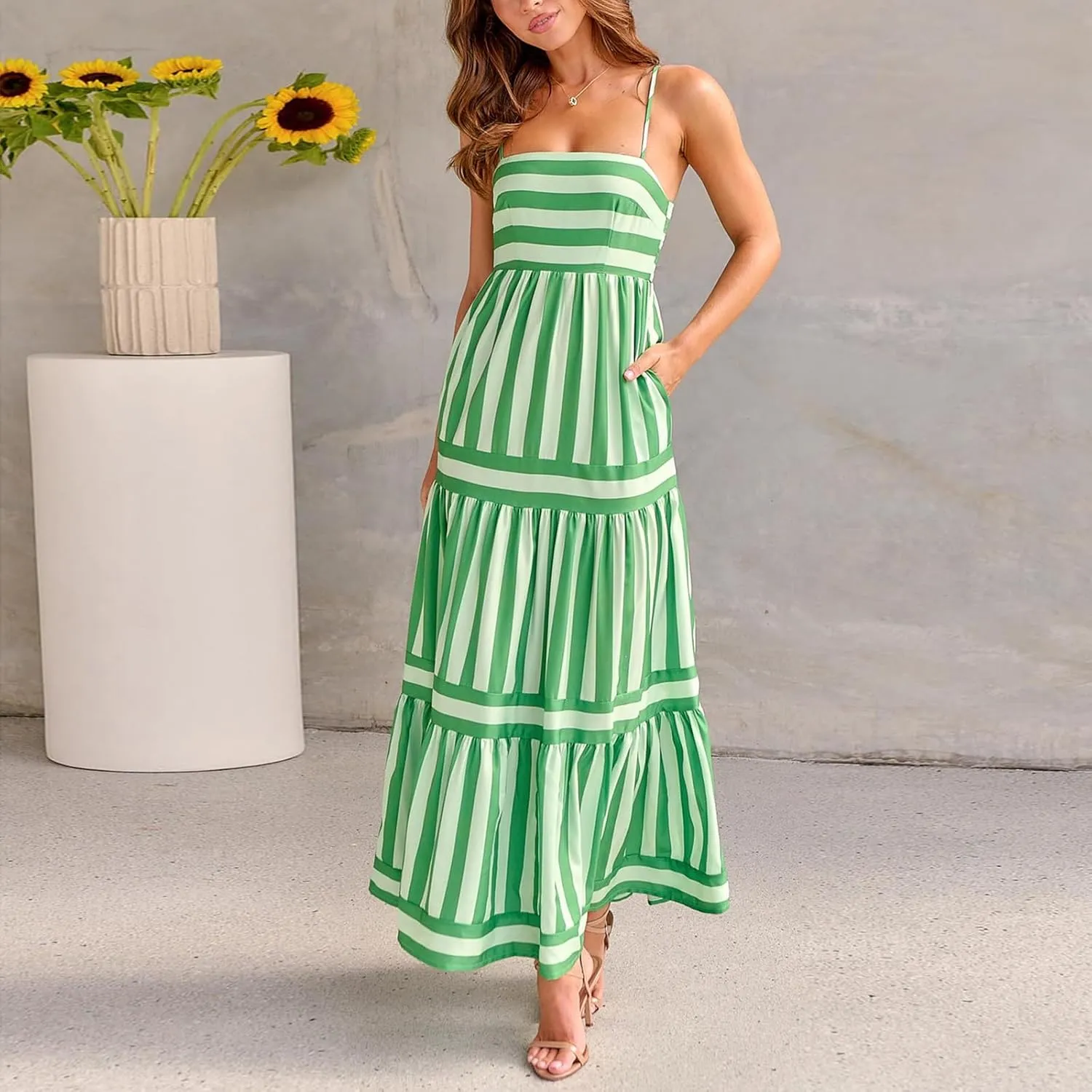 Women Spaghetti Strap Tiered Flowy Midi Dress Striped Sleeveless Square Neck Beach Vacation Long Sundress