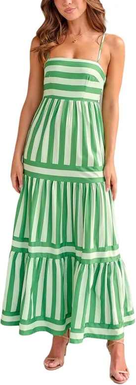 Women Spaghetti Strap Tiered Flowy Midi Dress Striped Sleeveless Square Neck Beach Vacation Long Sundress