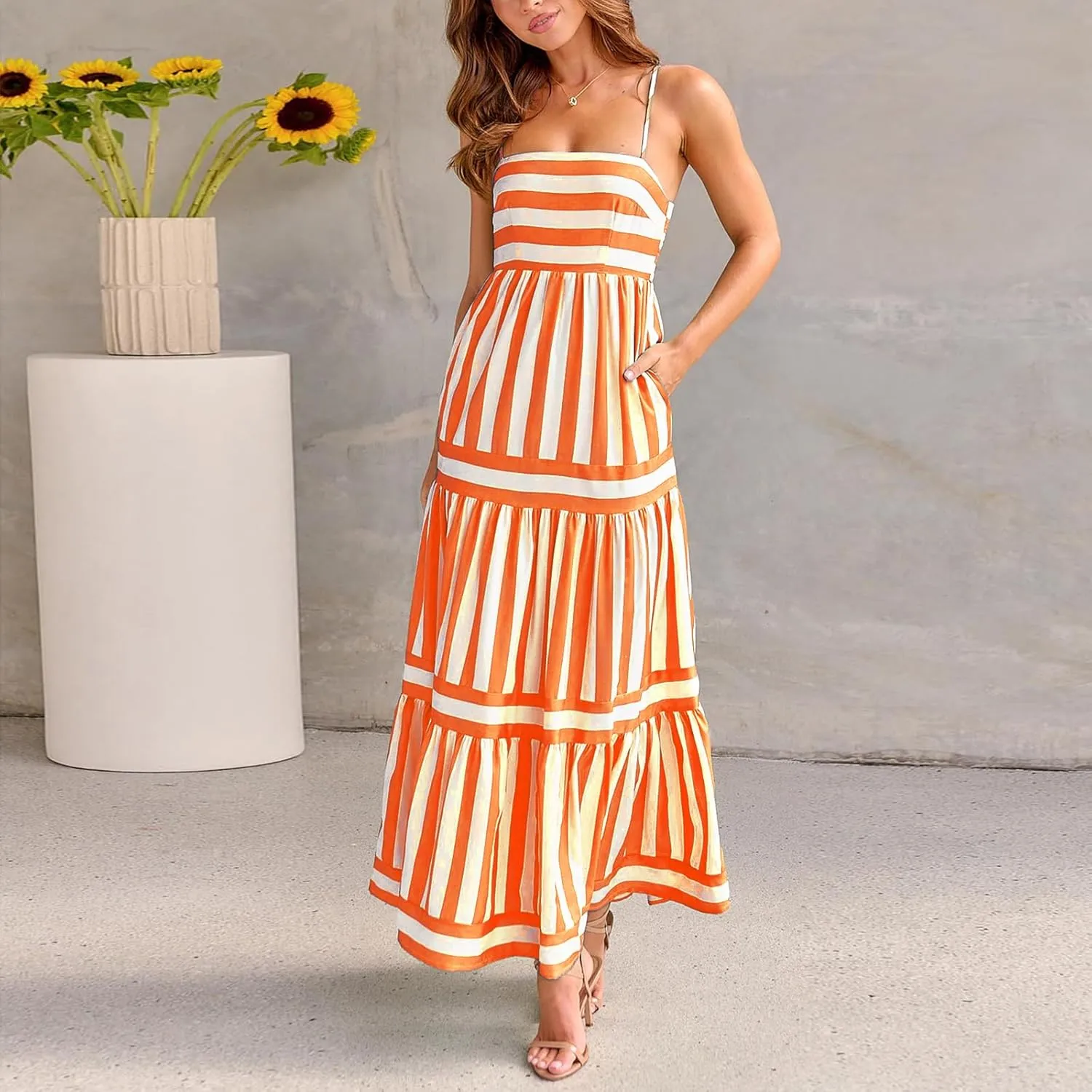 Women Spaghetti Strap Tiered Flowy Midi Dress Striped Sleeveless Square Neck Beach Vacation Long Sundress