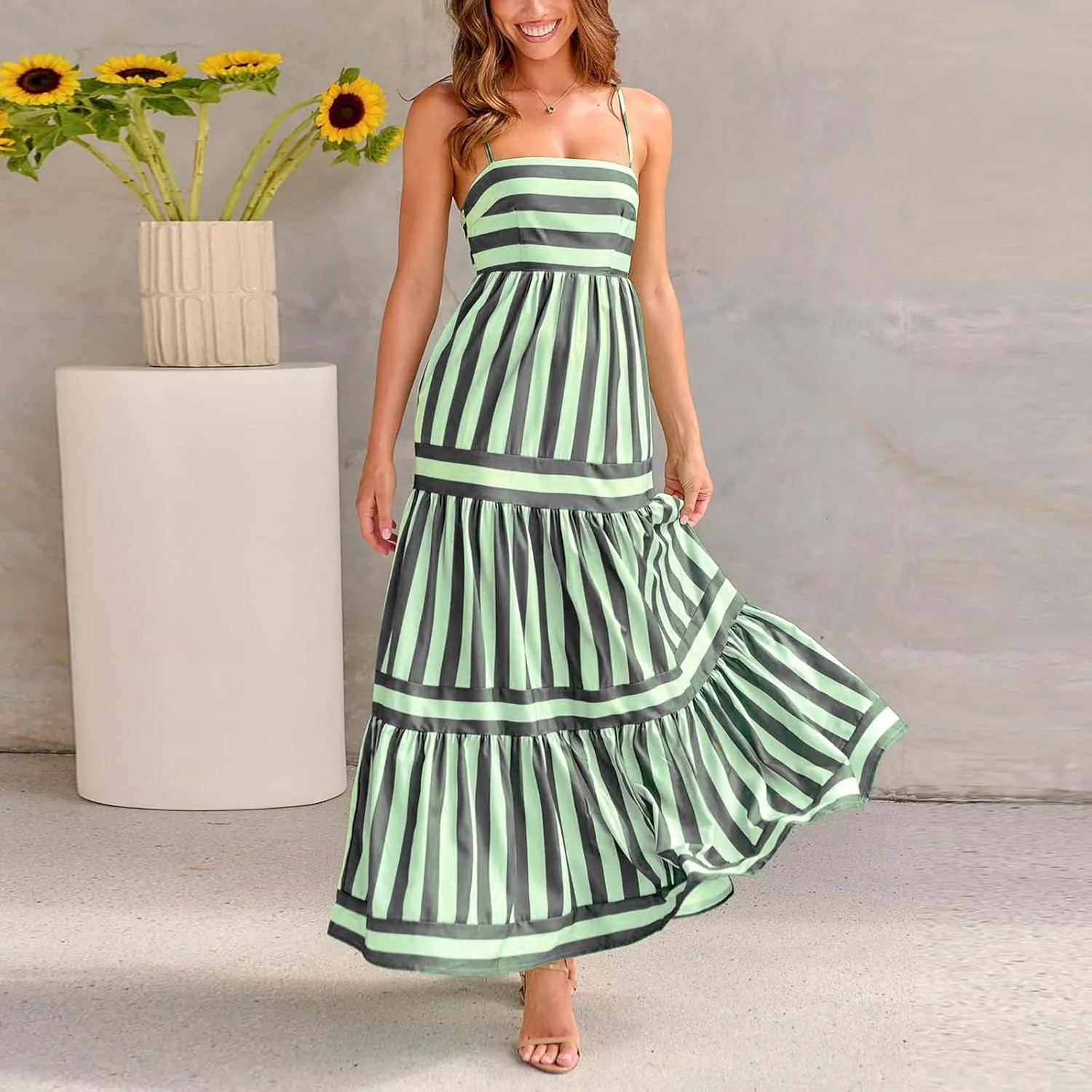 Women Spaghetti Strap Tiered Flowy Midi Dress Striped Sleeveless Square Neck Beach Vacation Long Sundress