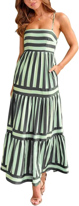 Women Spaghetti Strap Tiered Flowy Midi Dress Striped Sleeveless Square Neck Beach Vacation Long Sundress