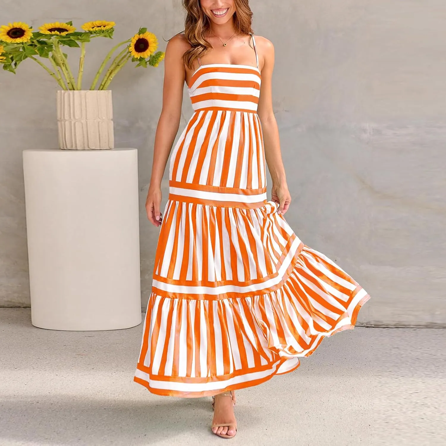 Women Spaghetti Strap Tiered Flowy Midi Dress Striped Sleeveless Square Neck Beach Vacation Long Sundress