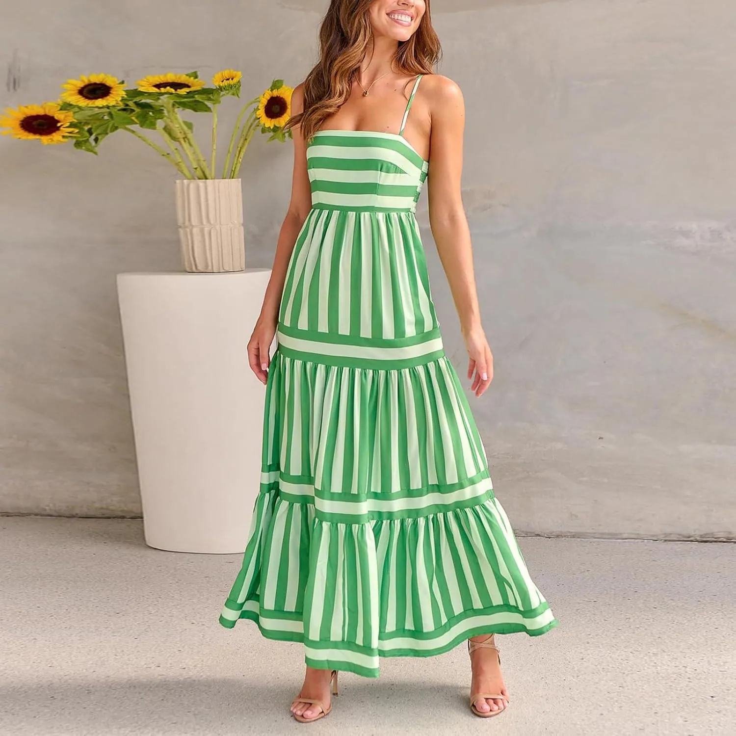 Women Spaghetti Strap Tiered Flowy Midi Dress Striped Sleeveless Square Neck Beach Vacation Long Sundress