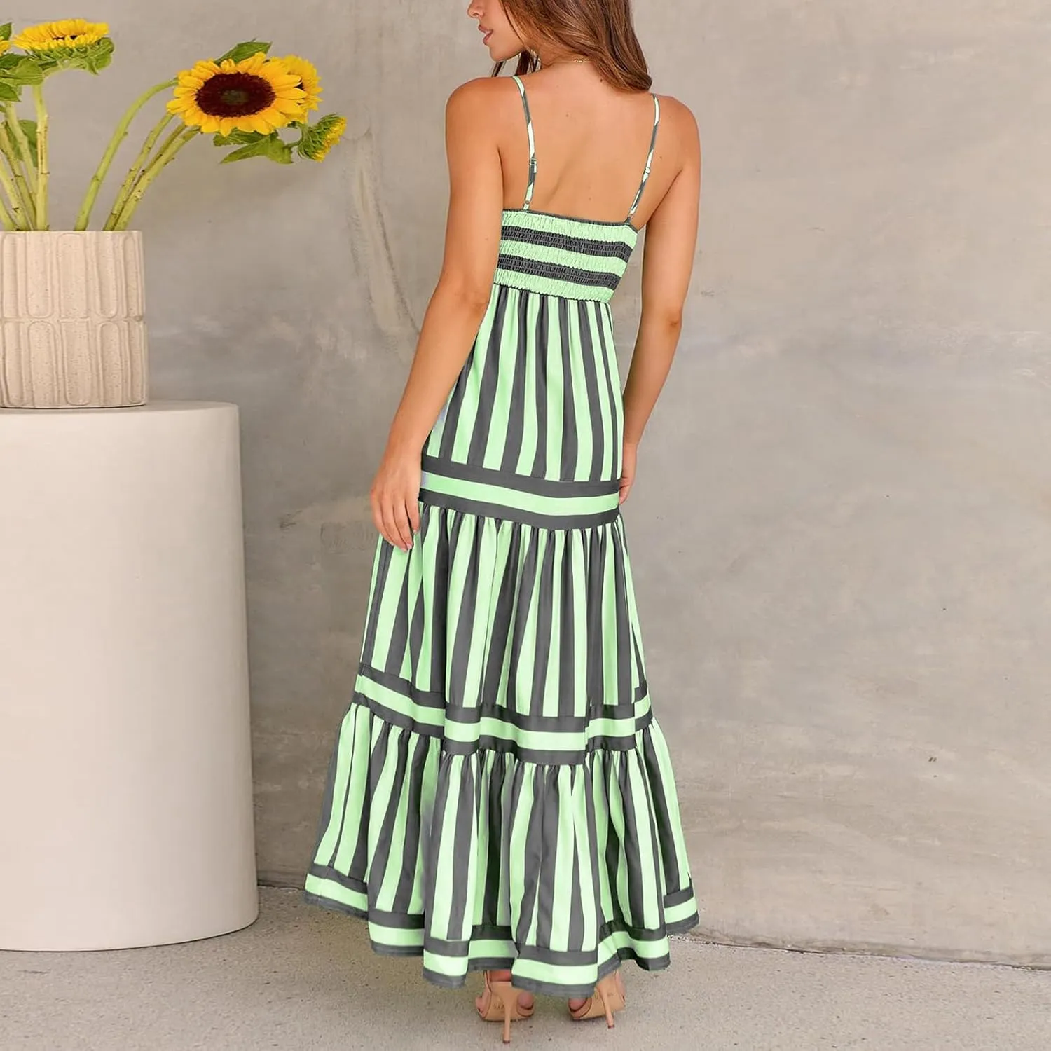 Women Spaghetti Strap Tiered Flowy Midi Dress Striped Sleeveless Square Neck Beach Vacation Long Sundress