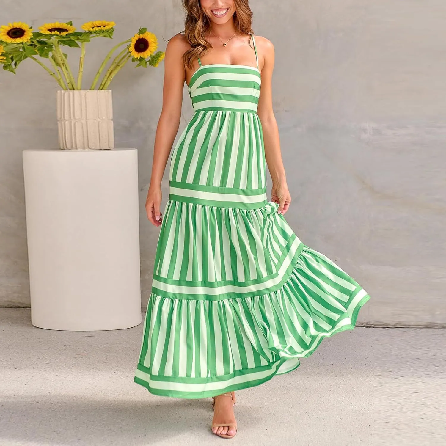 Women Spaghetti Strap Tiered Flowy Midi Dress Striped Sleeveless Square Neck Beach Vacation Long Sundress