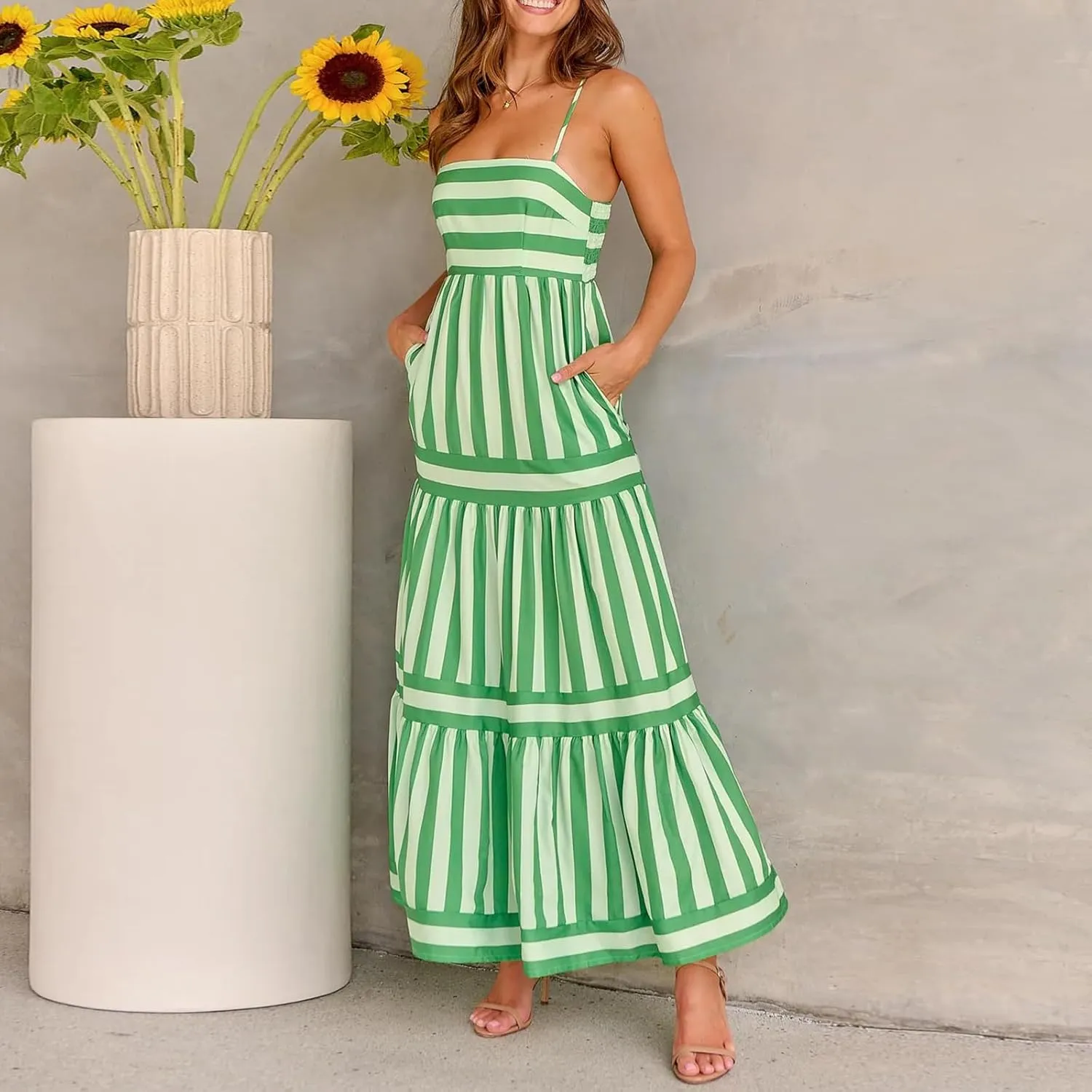 Women Spaghetti Strap Tiered Flowy Midi Dress Striped Sleeveless Square Neck Beach Vacation Long Sundress