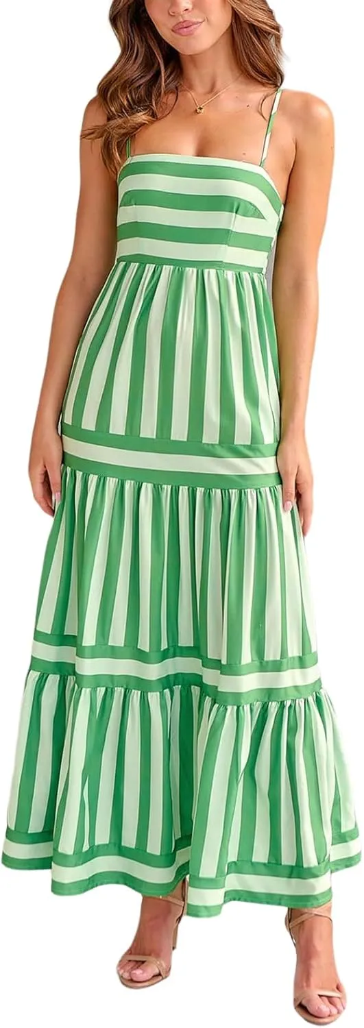 Women Spaghetti Strap Tiered Flowy Midi Dress Striped Sleeveless Square Neck Beach Vacation Long Sundress