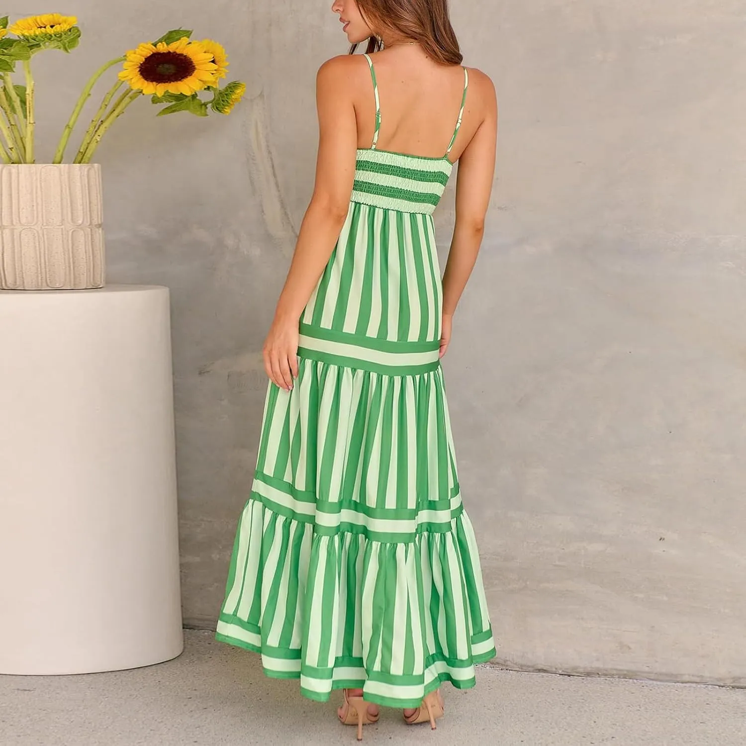 Women Spaghetti Strap Tiered Flowy Midi Dress Striped Sleeveless Square Neck Beach Vacation Long Sundress