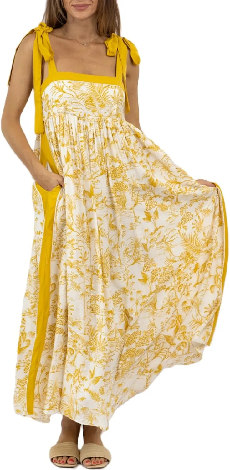 Women Summer Boho Tie Shoulder Dress Y2k Floral Smocked Flowy Long Dress Ruffle Tiered Beach Vocation Sundress