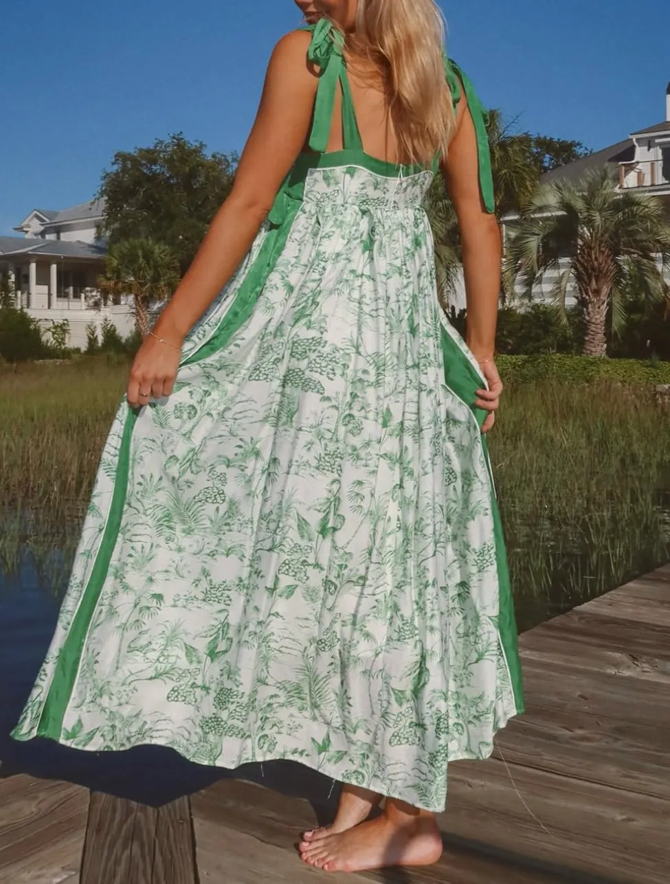 Women Summer Boho Tie Shoulder Dress Y2k Floral Smocked Flowy Long Dress Ruffle Tiered Beach Vocation Sundress