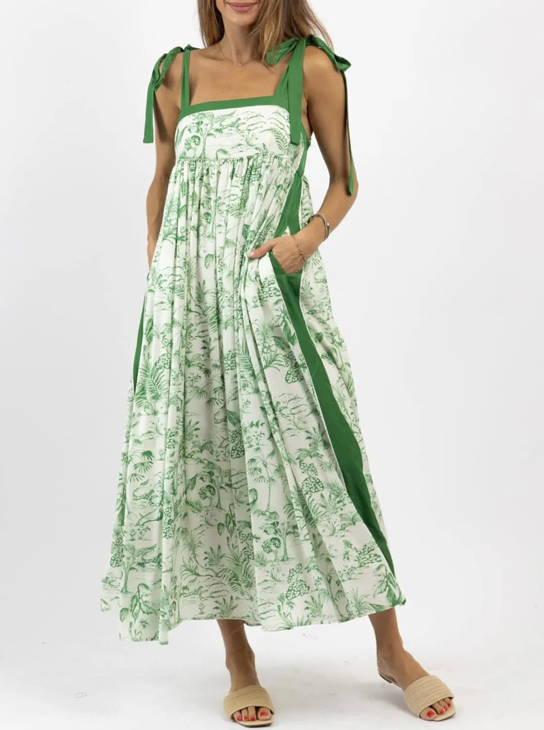 Women Summer Boho Tie Shoulder Dress Y2k Floral Smocked Flowy Long Dress Ruffle Tiered Beach Vocation Sundress