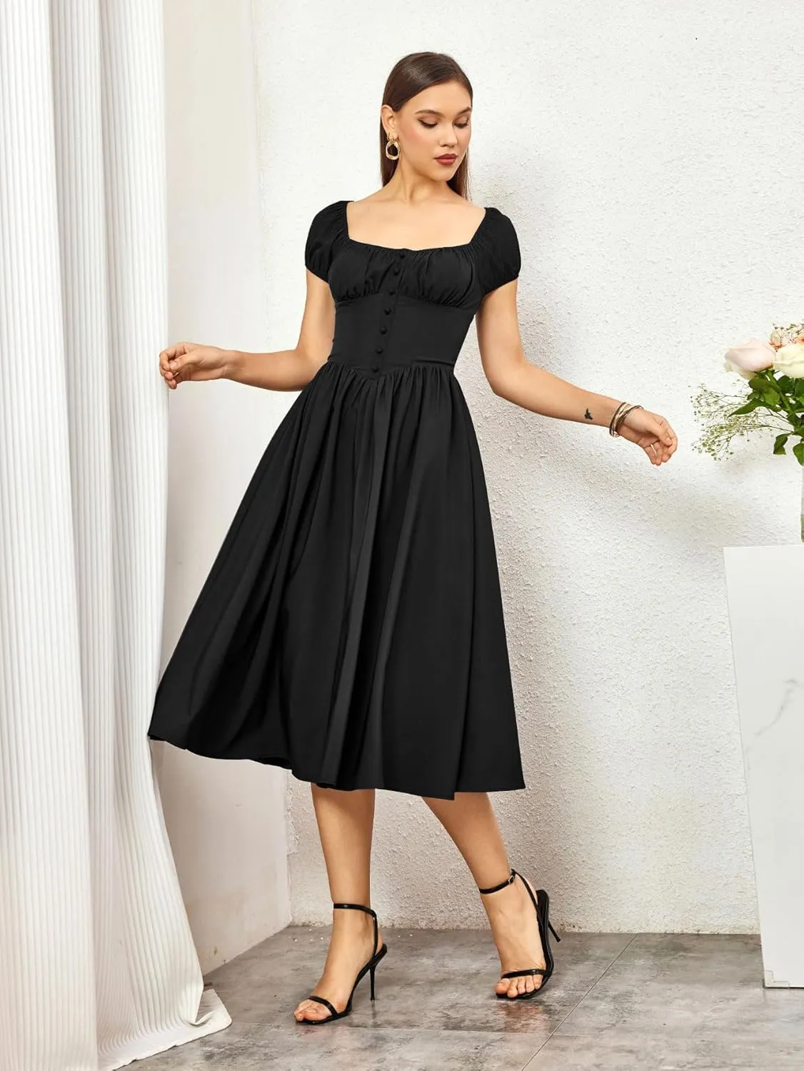 Womens 2024 Summer Boho Square Neck Corset Midi Dress Casual Flowy Swing A line Ruffle Dresses