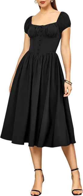 Womens 2024 Summer Boho Square Neck Corset Midi Dress Casual Flowy Swing A line Ruffle Dresses