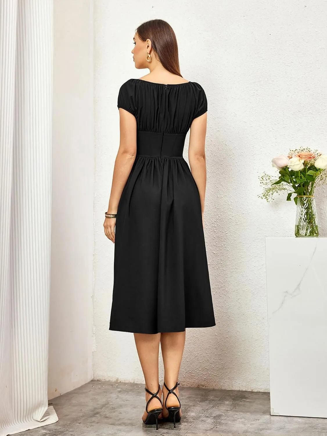 Womens 2024 Summer Boho Square Neck Corset Midi Dress Casual Flowy Swing A line Ruffle Dresses