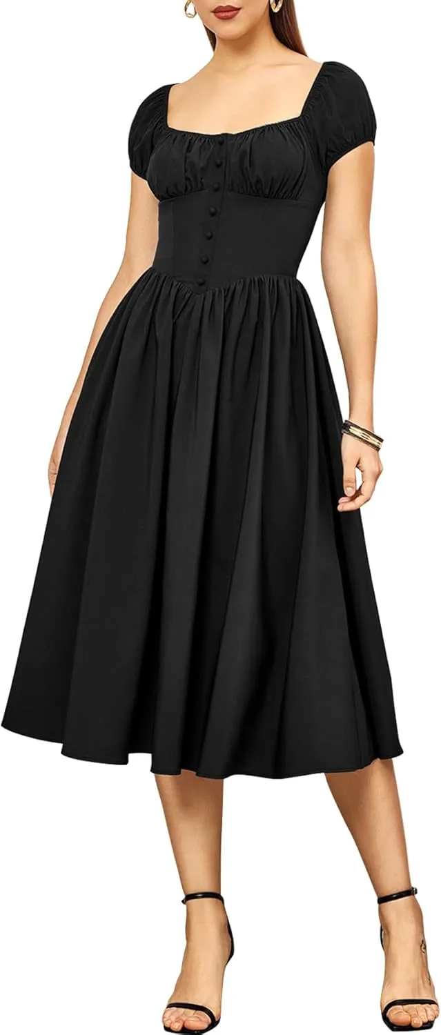 Womens 2024 Summer Boho Square Neck Corset Midi Dress Casual Flowy Swing A line Ruffle Dresses