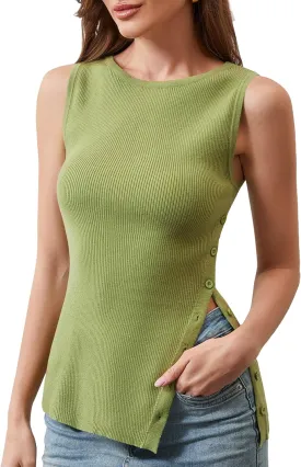 Womens Asymmetric Side Button Sweater Vest Y2k Sleeveless Boat Neck Side Split Sweater Trendy Ribbed Knit Tank Top