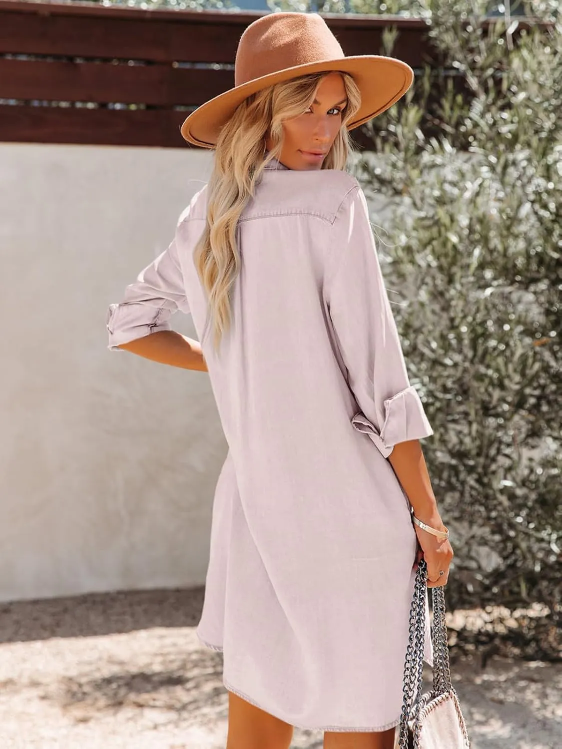 Women's Chambray Button Down Shirt Dresses with Pockets Denim Cotton Button Up Tunics Long Sleeve Solid Blouse Tops