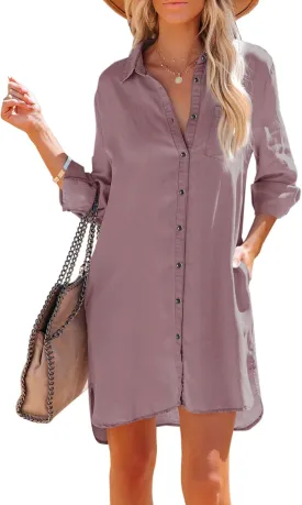 Women's Chambray Button Down Shirt Dresses with Pockets Denim Cotton Button Up Tunics Long Sleeve Solid Blouse Tops